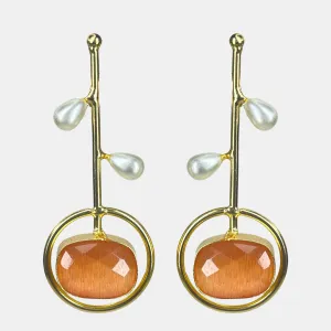 Sophisticated Gold-Plated Earrings with Yellow, Orange Gemstone and Pearl Drops