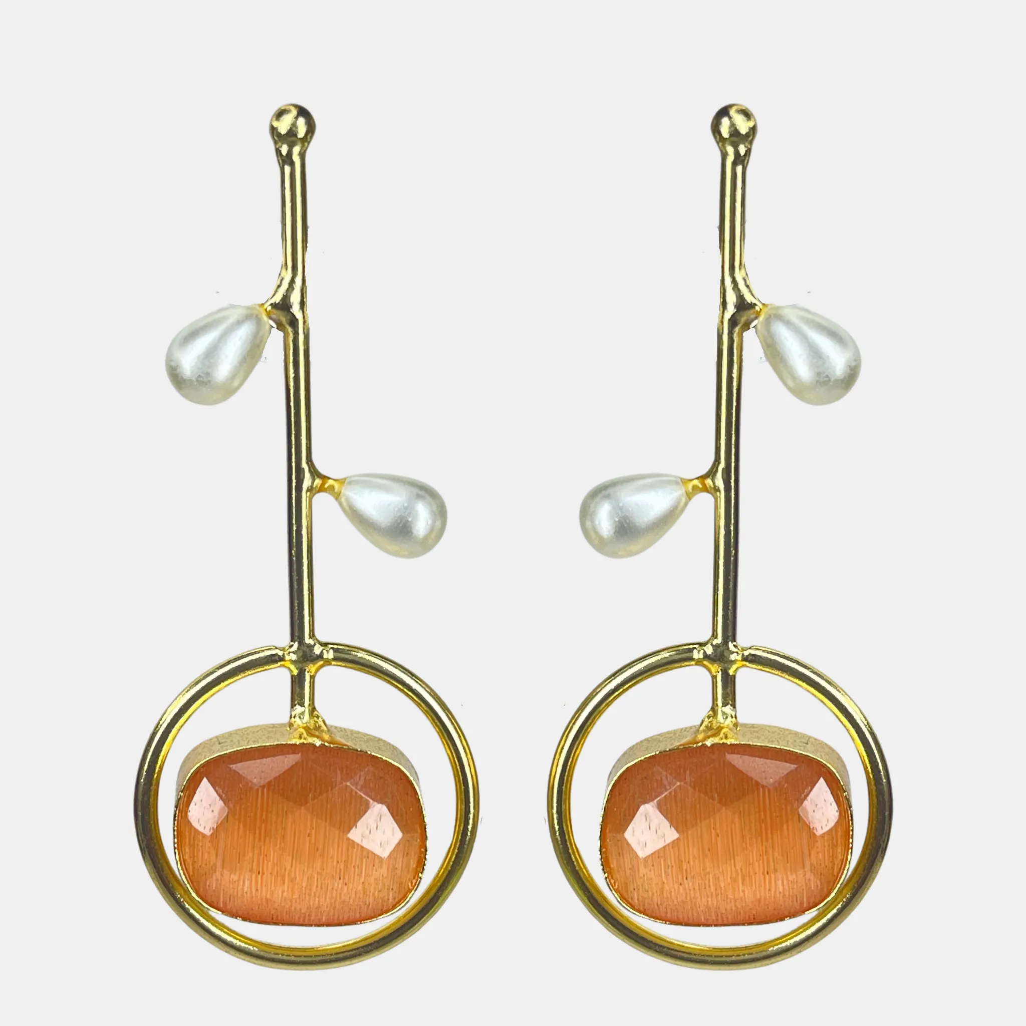 Sophisticated Gold-Plated Earrings with Yellow, Orange Gemstone and Pearl Drops