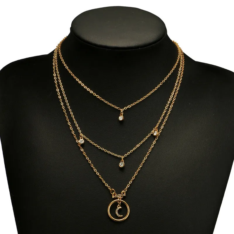 Tocona Bohemian Antique Gold Circle Moon Rhinestone Pendant Chokers Necklaces Multi Layer Necklace Collar for Women Jewelry 3294