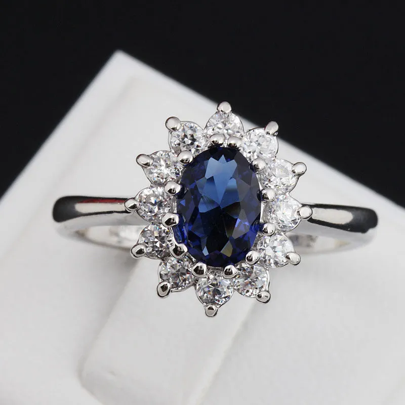 Top Quality Princess Kate Blue Gem Created Sapphire White Gold Plated Wedding Finger Crystal Ring Brand Jewelry for Women