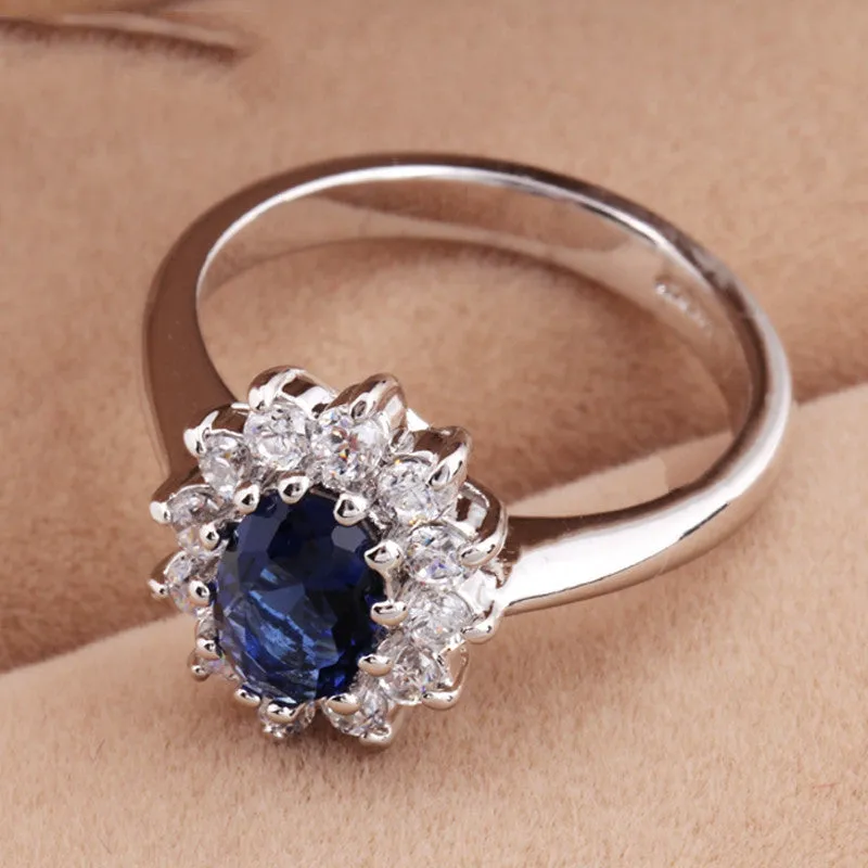 Top Quality Princess Kate Blue Gem Created Sapphire White Gold Plated Wedding Finger Crystal Ring Brand Jewelry for Women