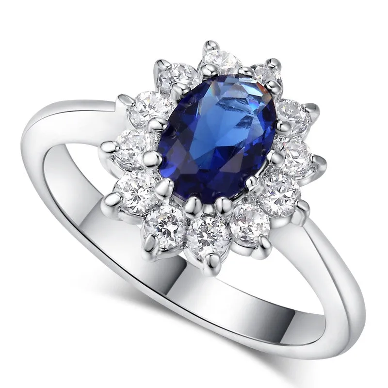 Top Quality Princess Kate Blue Gem Created Sapphire White Gold Plated Wedding Finger Crystal Ring Brand Jewelry for Women