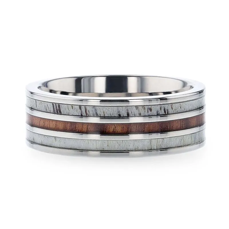 TRIPOLI | Silver Titanium Ring, Koa Wood, Deer Antler Inlay, Flat