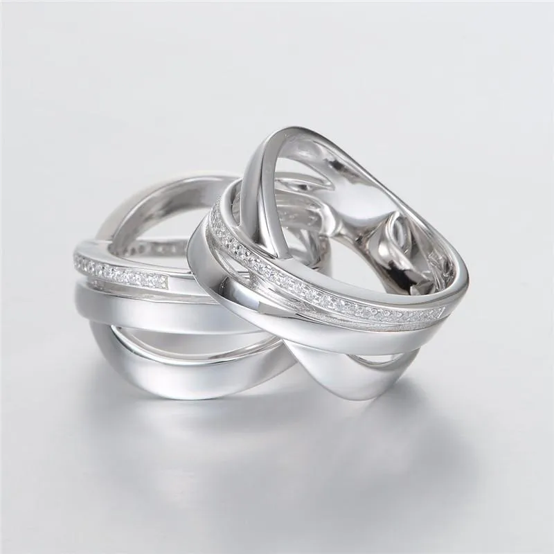 Unisex Trendy Style 925 Sterling Silver Clear Crystal Wedding Ring Band