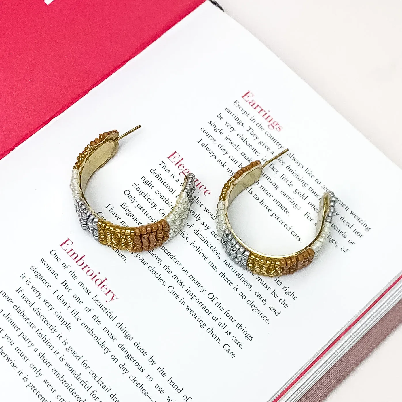 Vacay Era Gold Tone Beaded Hoop Earrings in Neutral Tones