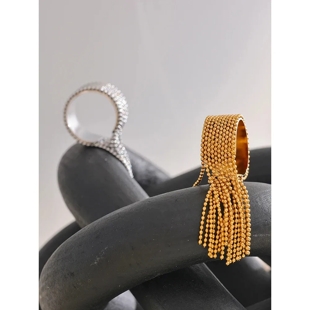 VAIGE Adjustable 18K PVD Plated Stainless Steel Geometric Tassel Finger Ring - Stylish Golden Charms for Trendy Occasions