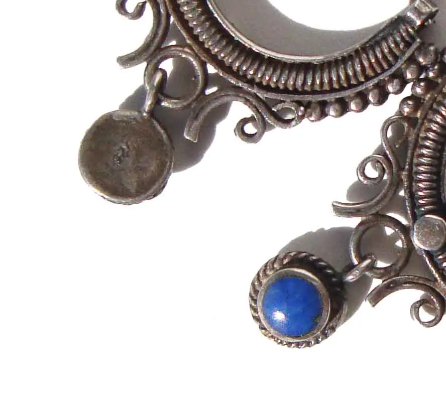 Vintage Afghani Silver Filigree Earrings Kuchi Hoops & Lapis Drops