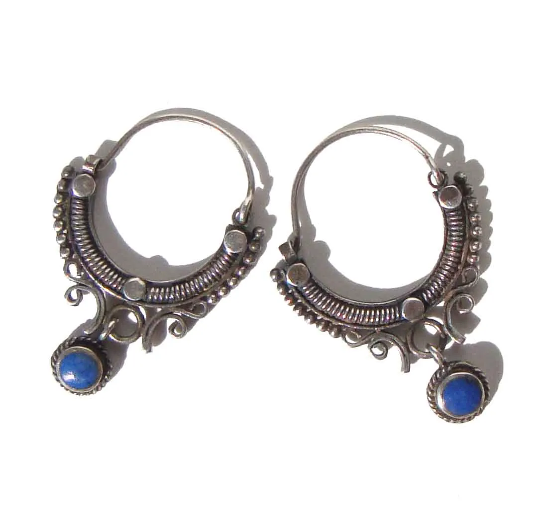 Vintage Afghani Silver Filigree Earrings Kuchi Hoops & Lapis Drops