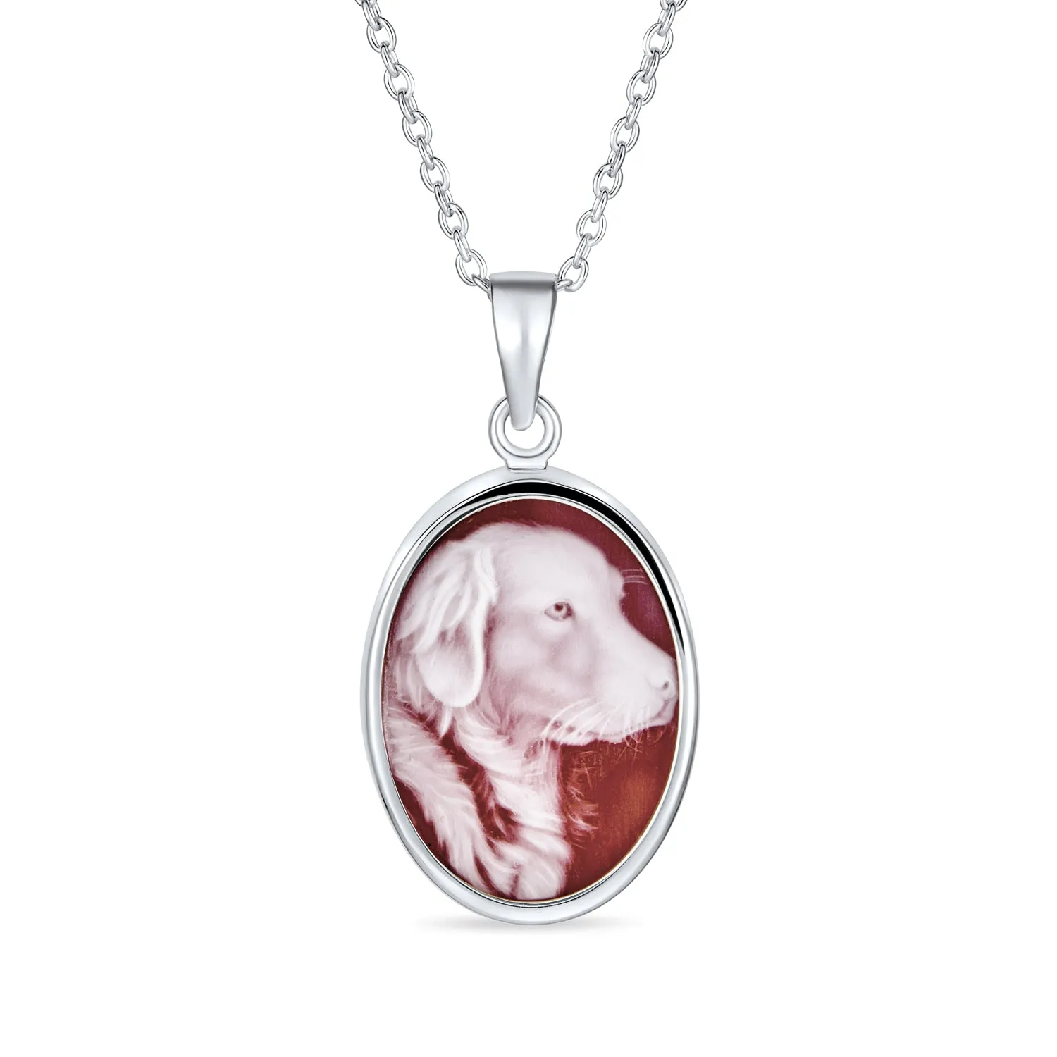 Vintage Antique Style Dog Portrait Cameo Pendant Necklace in Sterling Silver