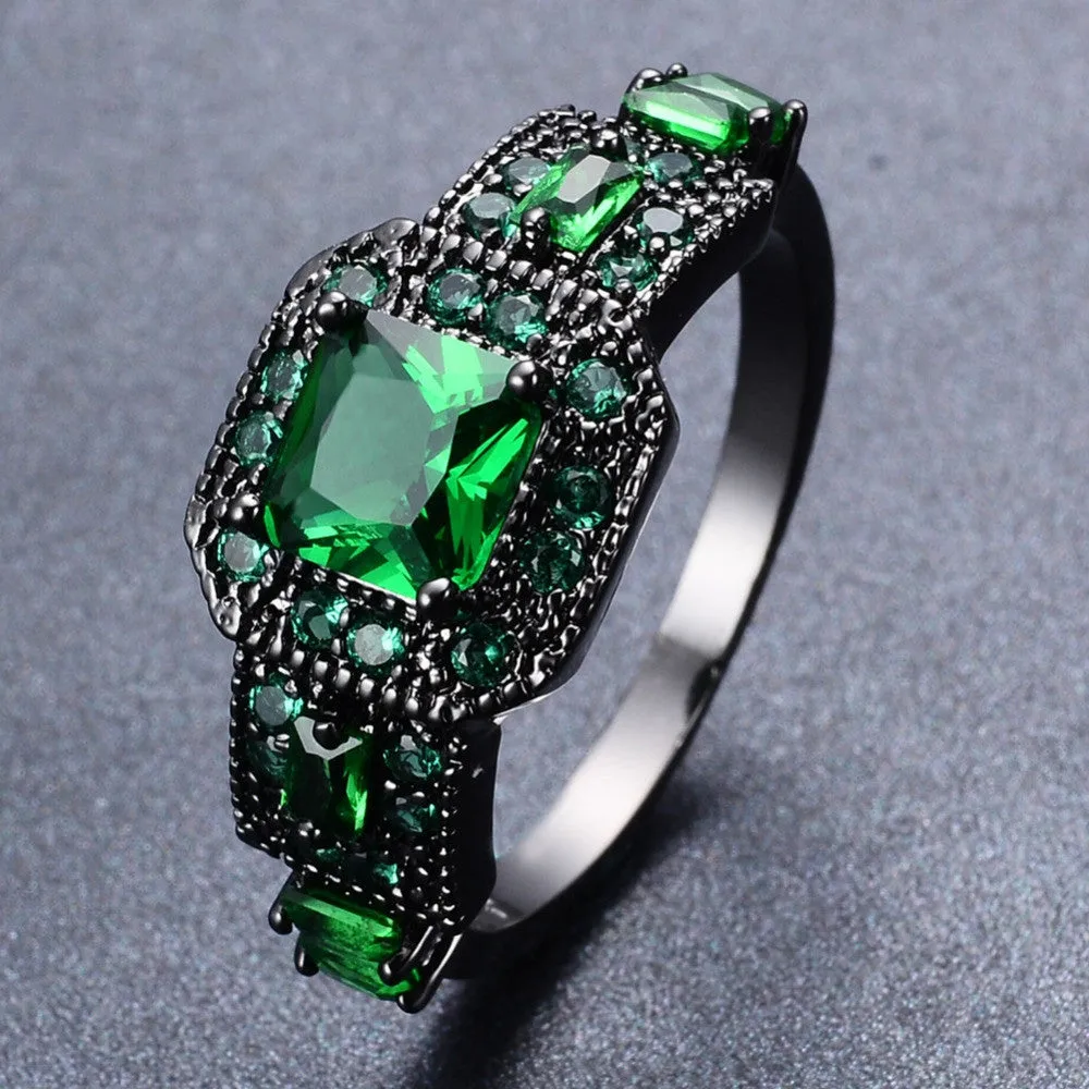 Vintage Green Cubic Zircon Rings For Women Men Black Gold Filled Wedding Party Cocktail Ring Best Friend Gift