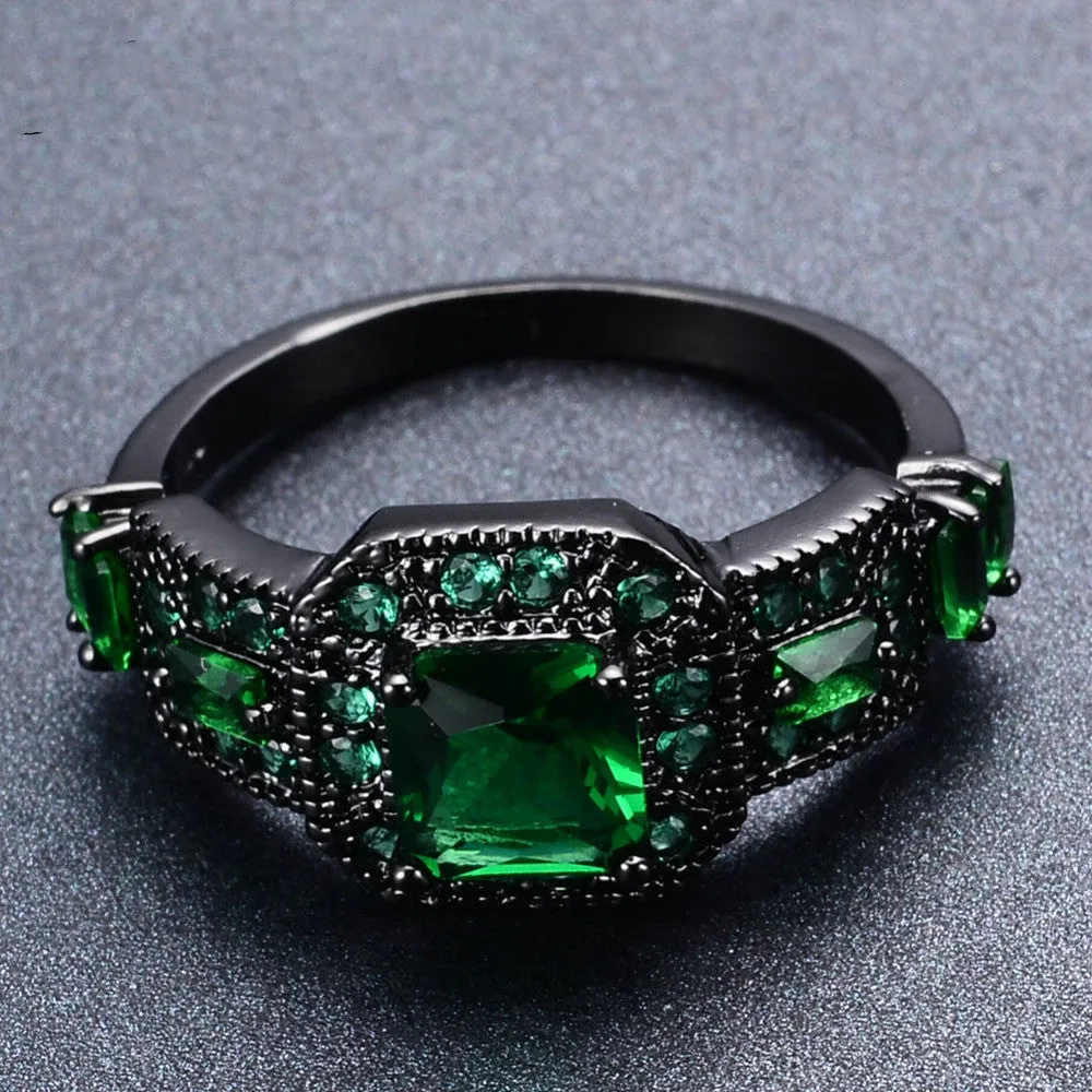 Vintage Green Cubic Zircon Rings For Women Men Black Gold Filled Wedding Party Cocktail Ring Best Friend Gift