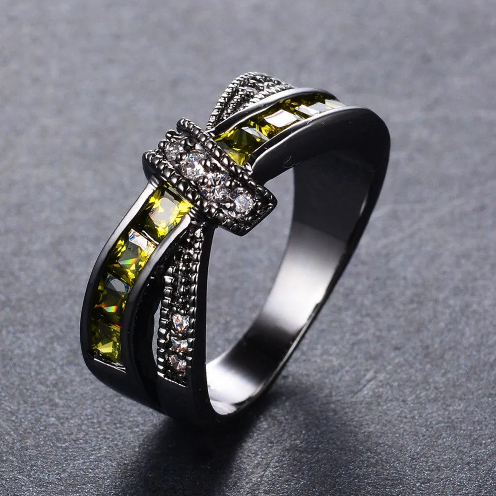 Vintage Jewelry Peridot AAA Zircon Ring Black Gold Filled Crossed Style Wedding Party Engagement Rings For Women Lady