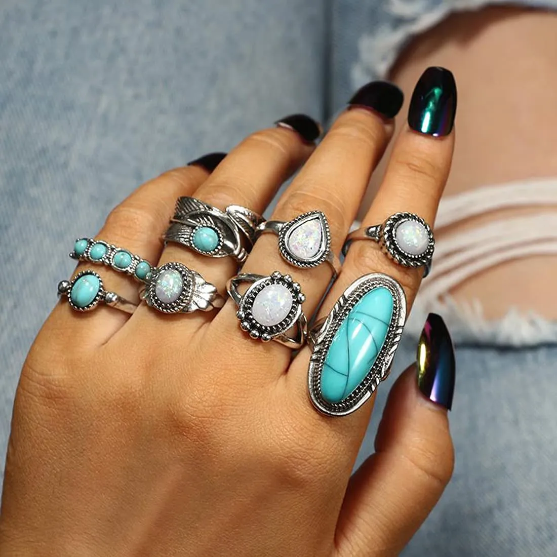 Yellow Chimes Rings for Women and Girls Fashion Aesthetic Blue Ring Set Oxidised Silver Toned Aesthetic Rings Turquoise Stone Midi Finger 8 PCS Knuckle Rings Set | Birthday Gift For Girls & Women