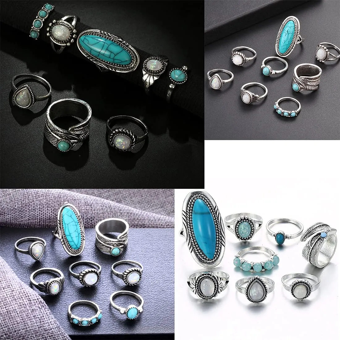 Yellow Chimes Rings for Women and Girls Fashion Aesthetic Blue Ring Set Oxidised Silver Toned Aesthetic Rings Turquoise Stone Midi Finger 8 PCS Knuckle Rings Set | Birthday Gift For Girls & Women