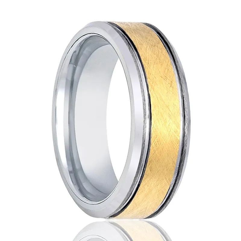 Yellow Gold Ring with Wire Brushed Finished Center High Polished stepped Edge