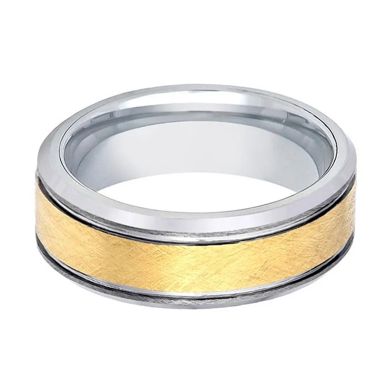 Yellow Gold Ring with Wire Brushed Finished Center High Polished stepped Edge